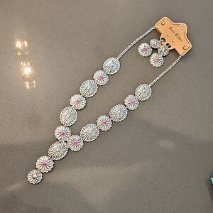 Silver and Pink Floral Necklace Set